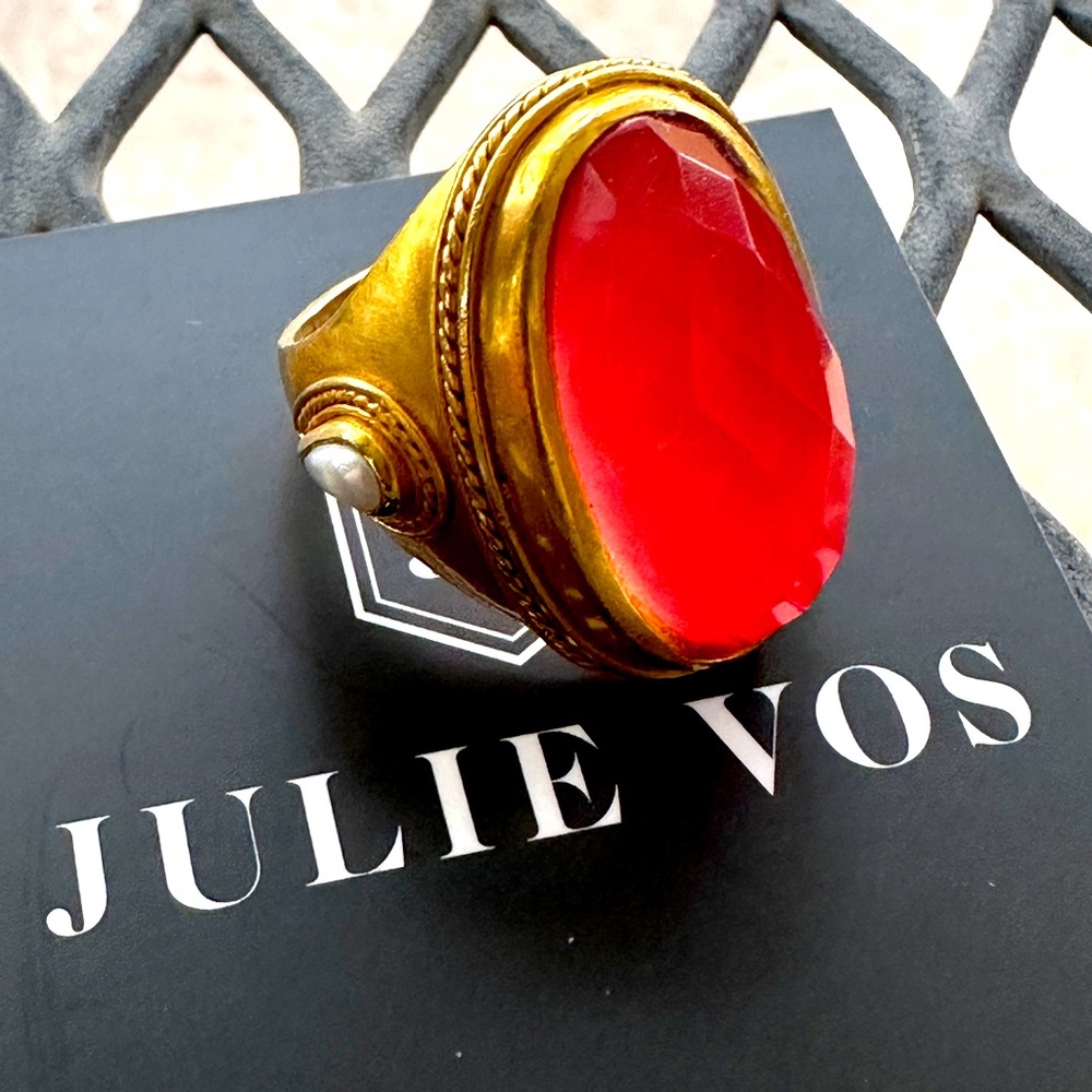 Julie Vos Cannes Statement Ring, with bag. Iridescent coral, as new, size 8